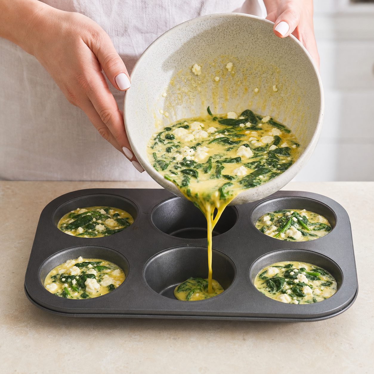 Schritt 2: Eiermasse mit Spinat und Feta in die gefetteten Mulden füllen.