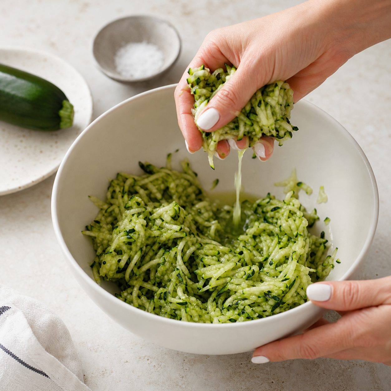 Schritt 1: Geraspelte Zucchini salzen, ziehen lassen und sehr gut ausdrücken.