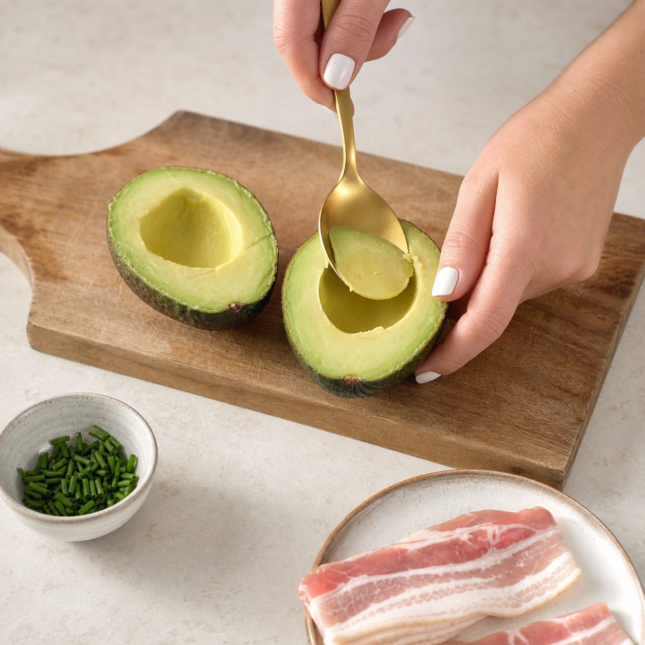 Schritt 1: Avocado halbieren, die Mulde vergrößern und je ein Ei hineingeben.