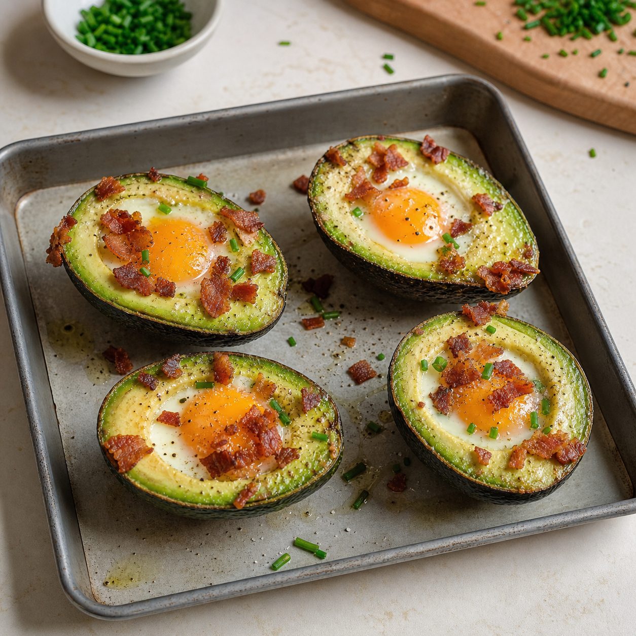 Schritt 2: Im Ofen backen, bis das Ei gestockt ist, und mit Bacon bestreuen.