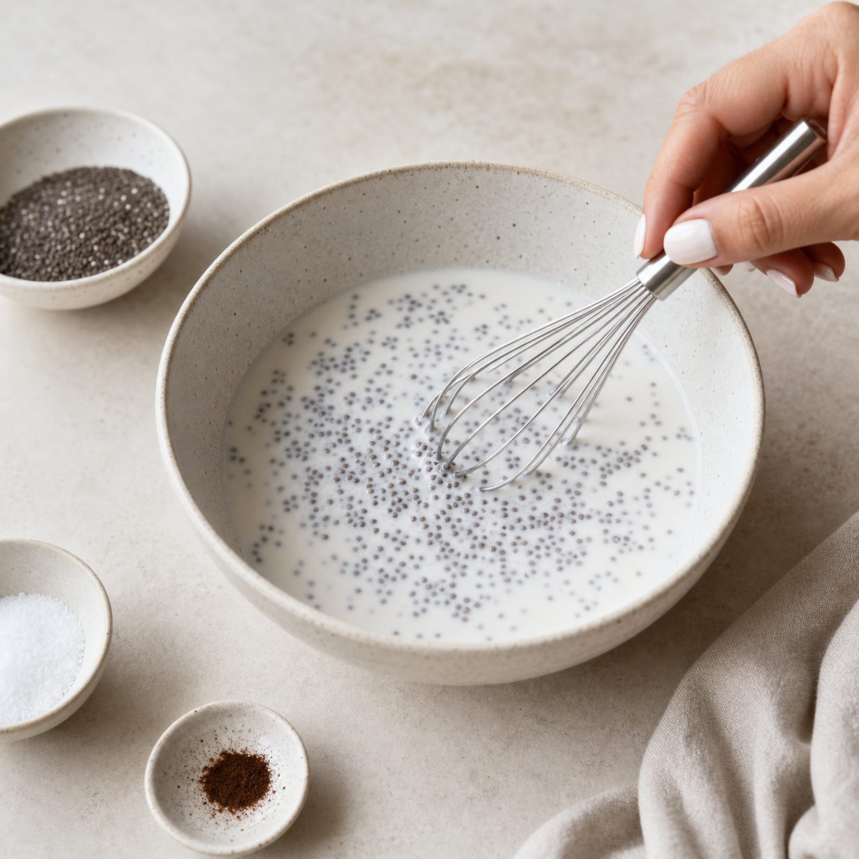 Schritt 1: Kokosmilch mit Chiasamen, Vanille und Erythrit gut verrühren.