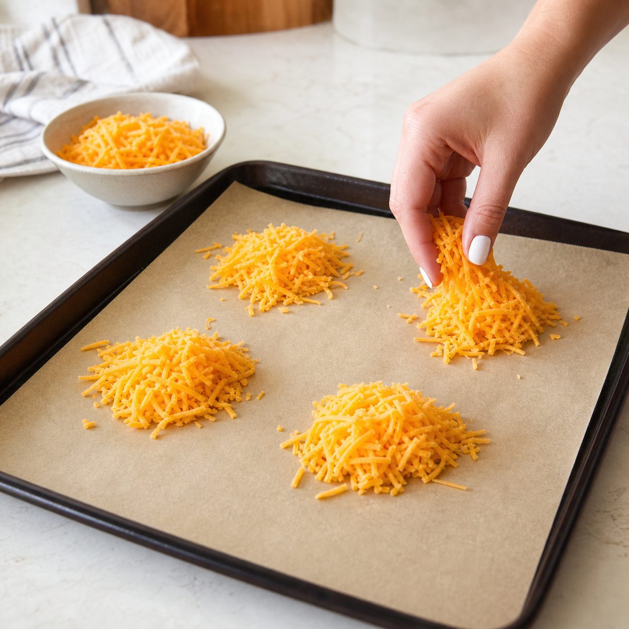 Schritt 1: Den geriebenen Cheddar in vier flachen Häufchen auf Backpapier verteilen und bei 190 °C schmelzen lassen.