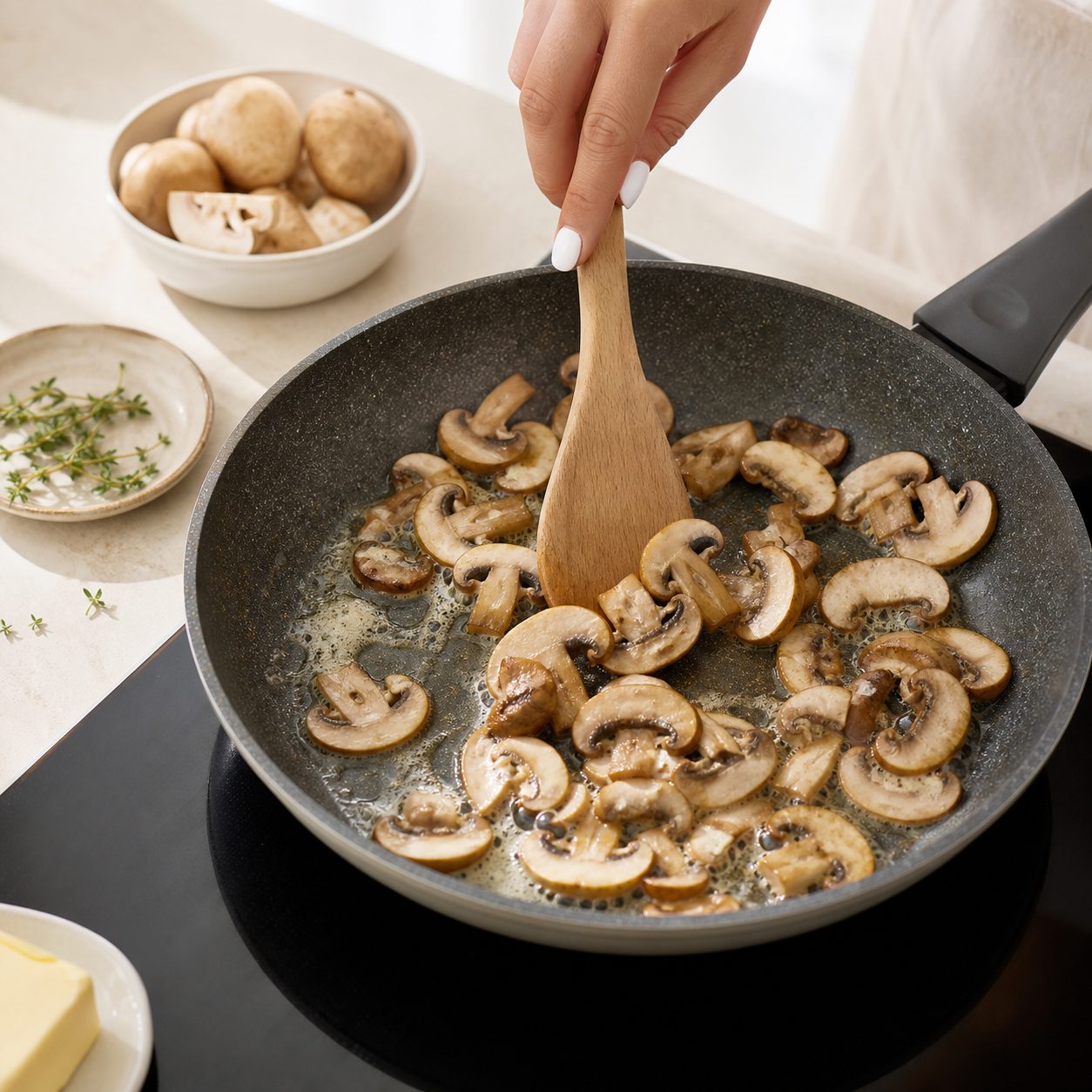 Schritt 1: Die Champignons in Butter kräftig anbraten, bis sie Farbe bekommen haben.