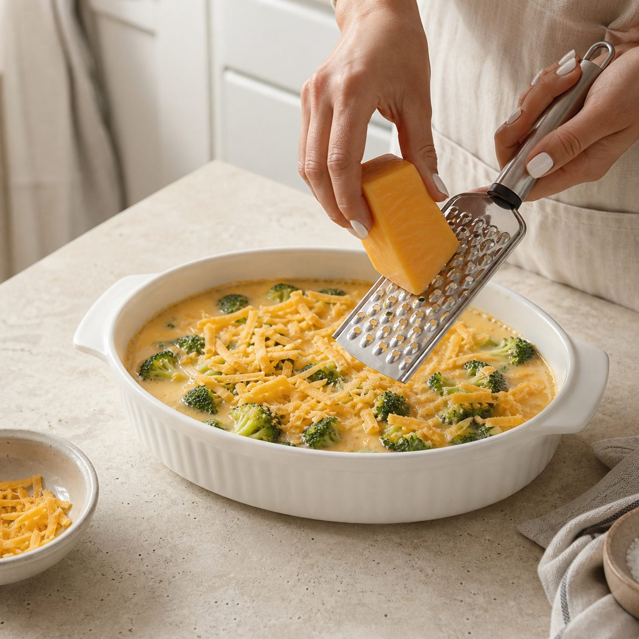 Schritt 2: Die Eier-Sahne-Masse darübergießen, mit Cheddar bestreuen und bei 180 °C backen.