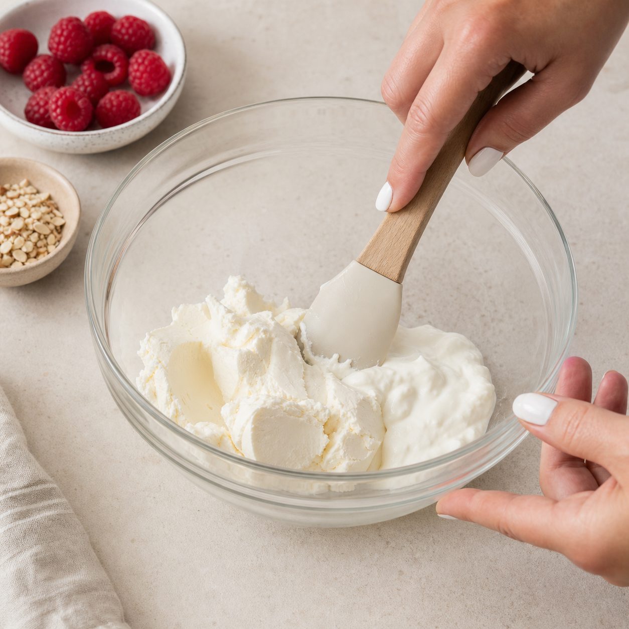 Schritt 1: Mascarpone, griechischen Joghurt und Erythrit in einer Schüssel glatt rühren.