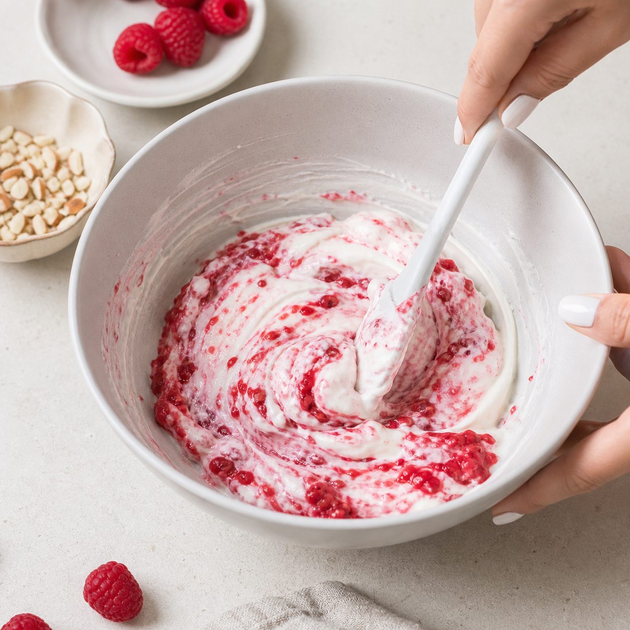 Schritt 2: Die zerdrückten Himbeeren marmoriert unterziehen und mit gehackten Mandeln bestreuen.