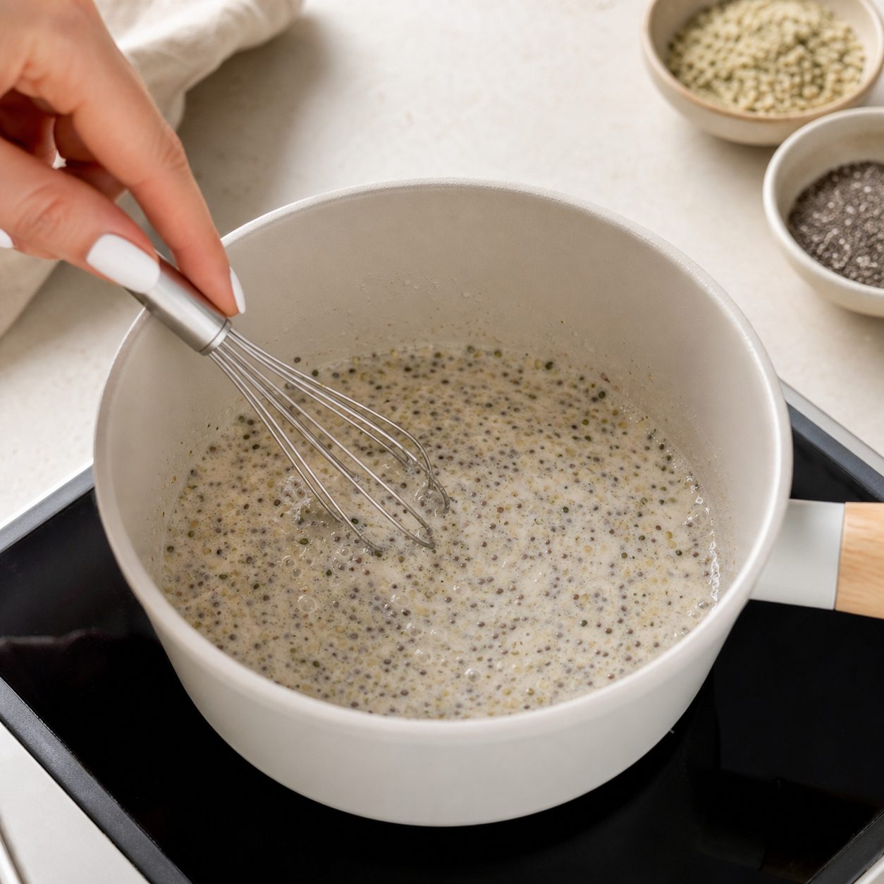 Schritt 1: Mandelmilch mit Hanf- und Chiasamen unter Rühren fünf Minuten erwärmen.