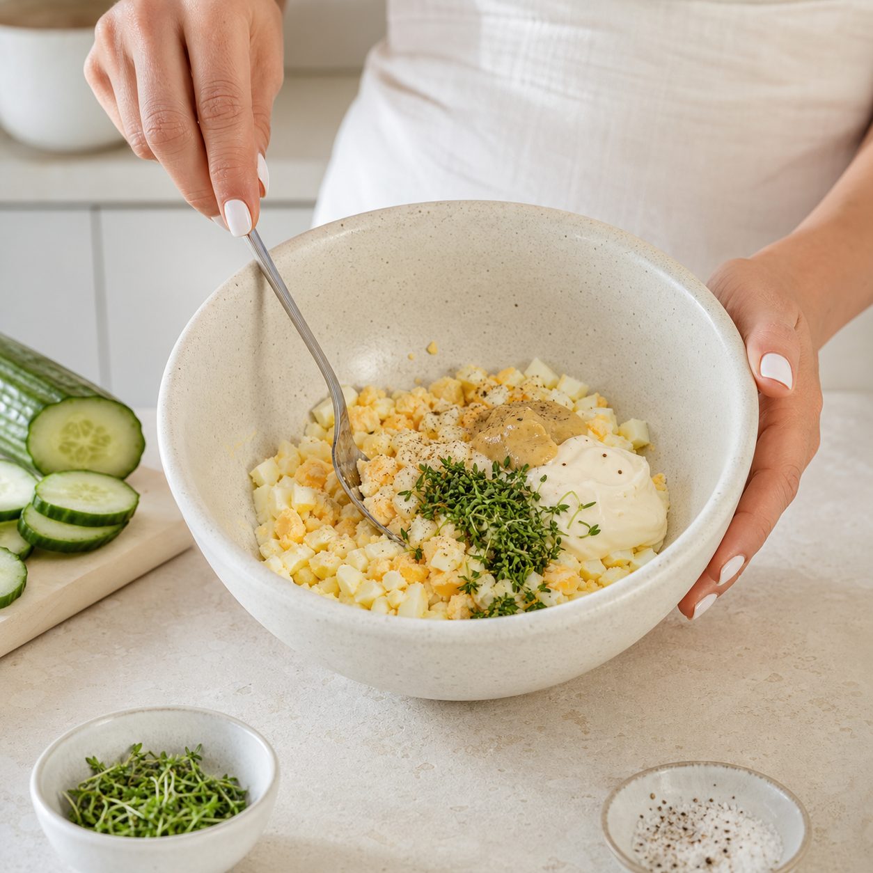 Schritt 1: Die gehackten Eier mit Mayonnaise, Senf und Kresse zu einem cremigen Salat mischen.