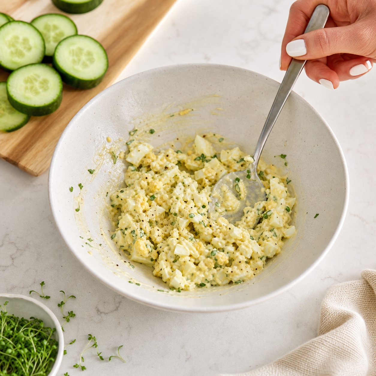 Schritt 2: Den Eiersalat auf dicke Gurkenscheiben setzen und mit Kresse abschließen.