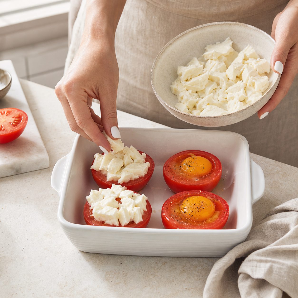 Schritt 1: Die halbierten Tomaten in die Form setzen und mit Mozzarella belegen.