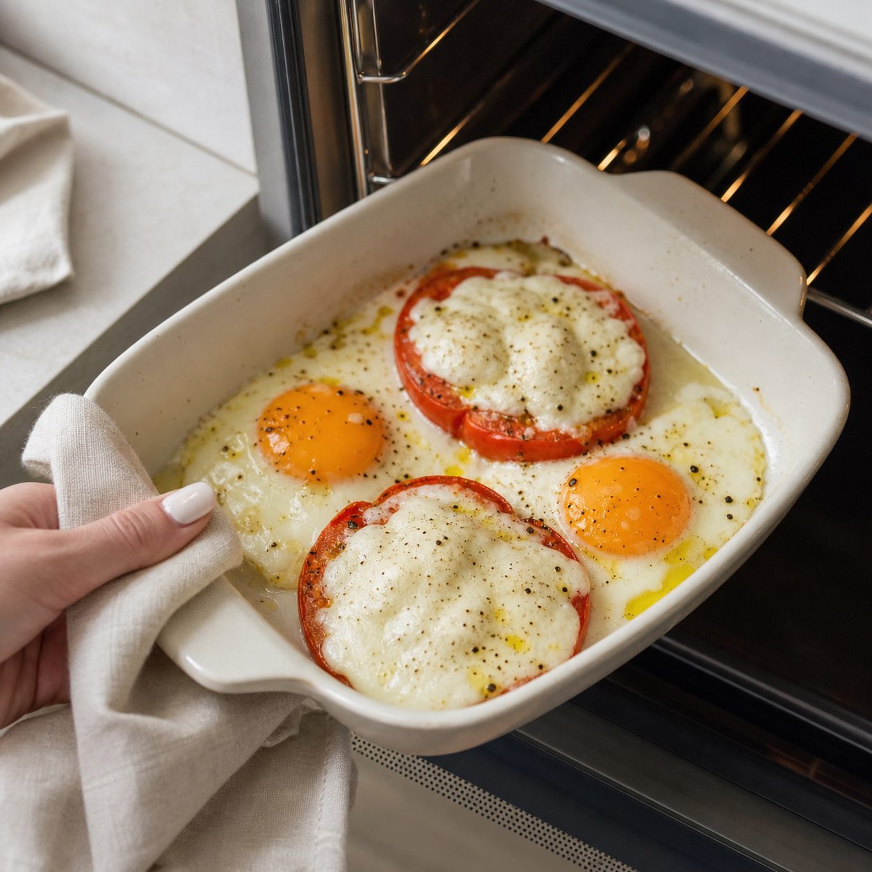 Schritt 2: Die Eier daneben aufschlagen, würzen und alles bei 190 °C backen.