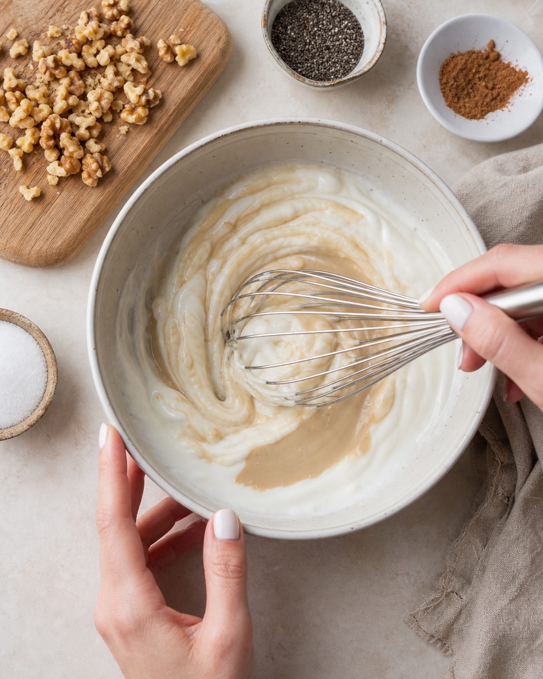 Schritt 1: Den Joghurt mit Tahini und etwas Erythrit cremig rühren.