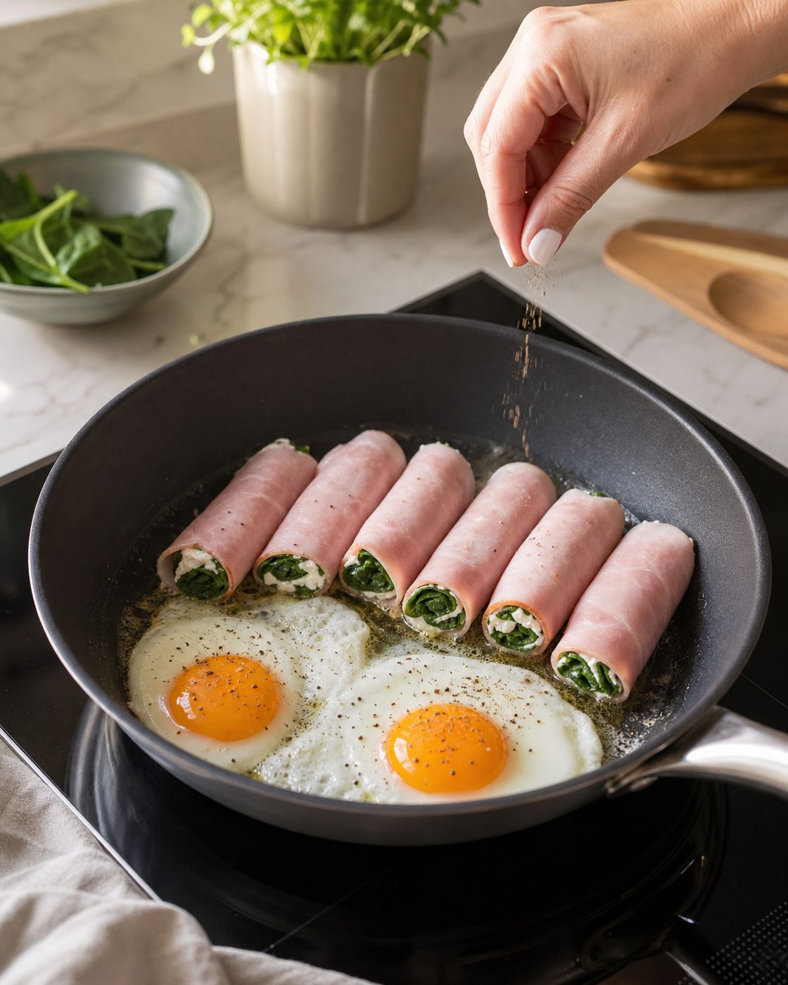 Schritt 2: Währenddessen braten die Eier in Butter, bis das Eiweiß gestockt und der Dotter noch weich ist.