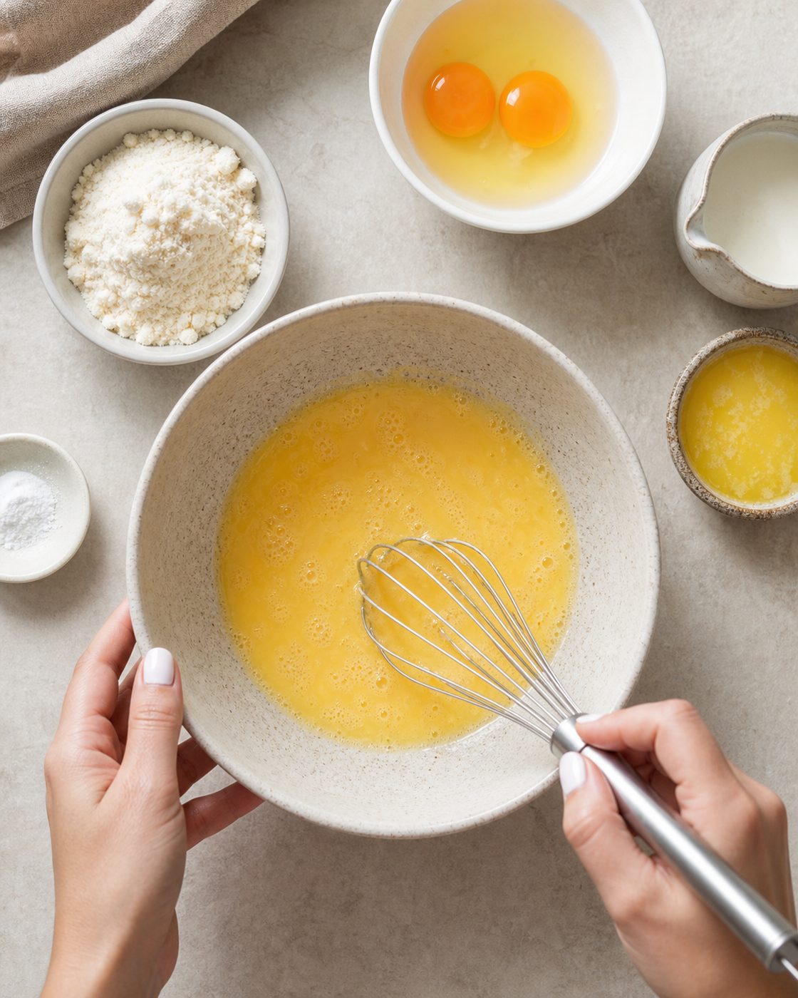 Schritt 1: Zuerst verrühre ich Eier, Sahne, geschmolzene Butter und Erythrit zu einer glatten Masse.