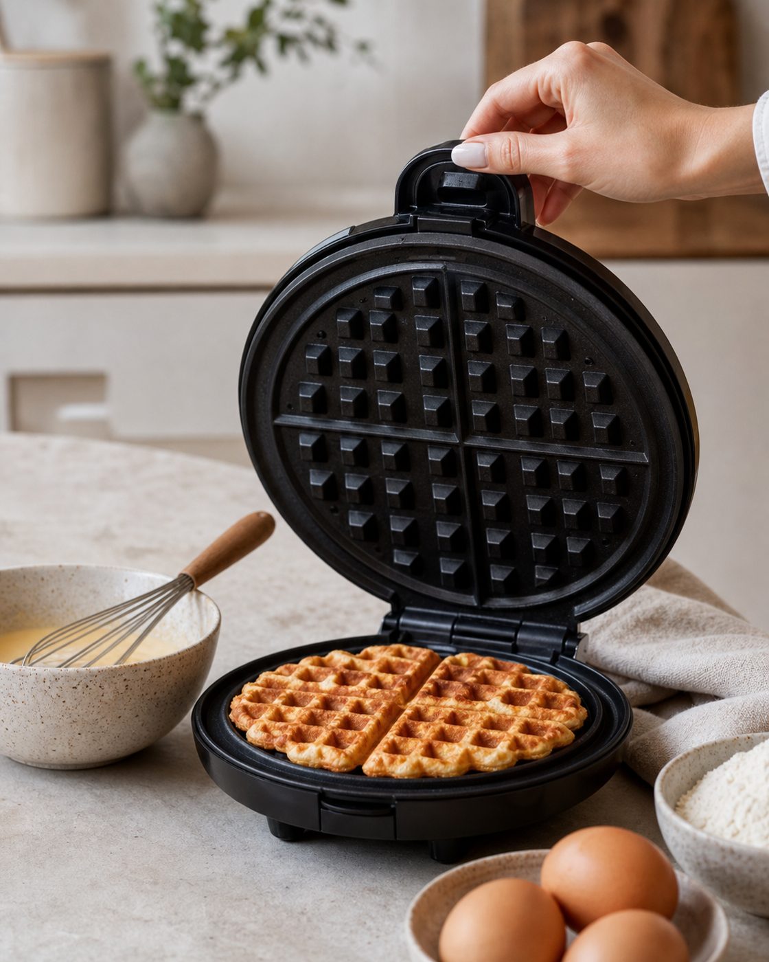 Schritt 2: Dann arbeite ich Kokosmehl und Backpulver ein und lasse den Teig fünf Minuten quellen, bevor er ins Waffeleisen kommt.