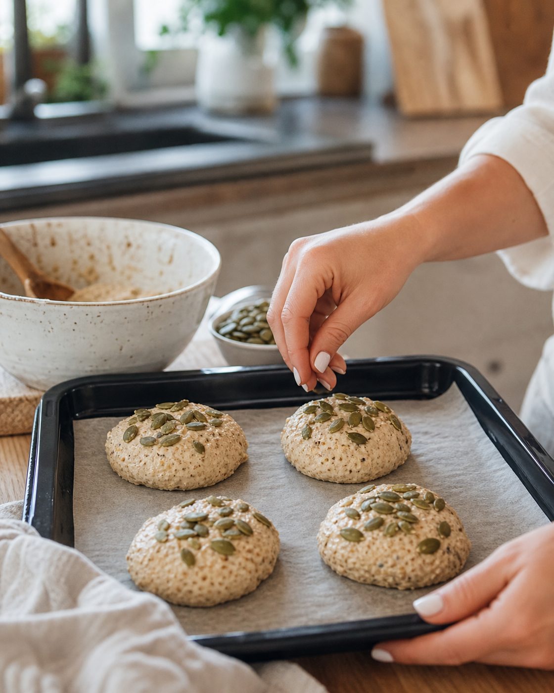 Schritt 2: Nach zehn Minuten Quellzeit forme ich vier Brötchen, bestreue sie mit Kürbiskernen und schiebe sie in den Ofen.
