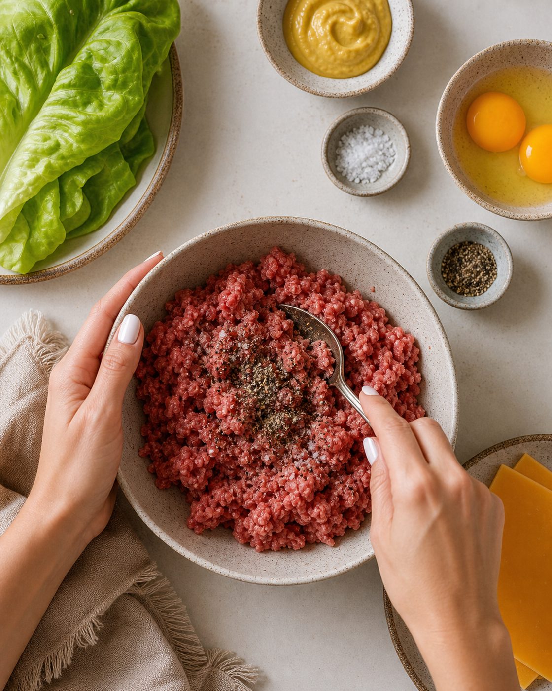 Schritt 1: Aus dem gewürzten Hack forme ich zwei flache Patties und brate sie in der Pfanne.