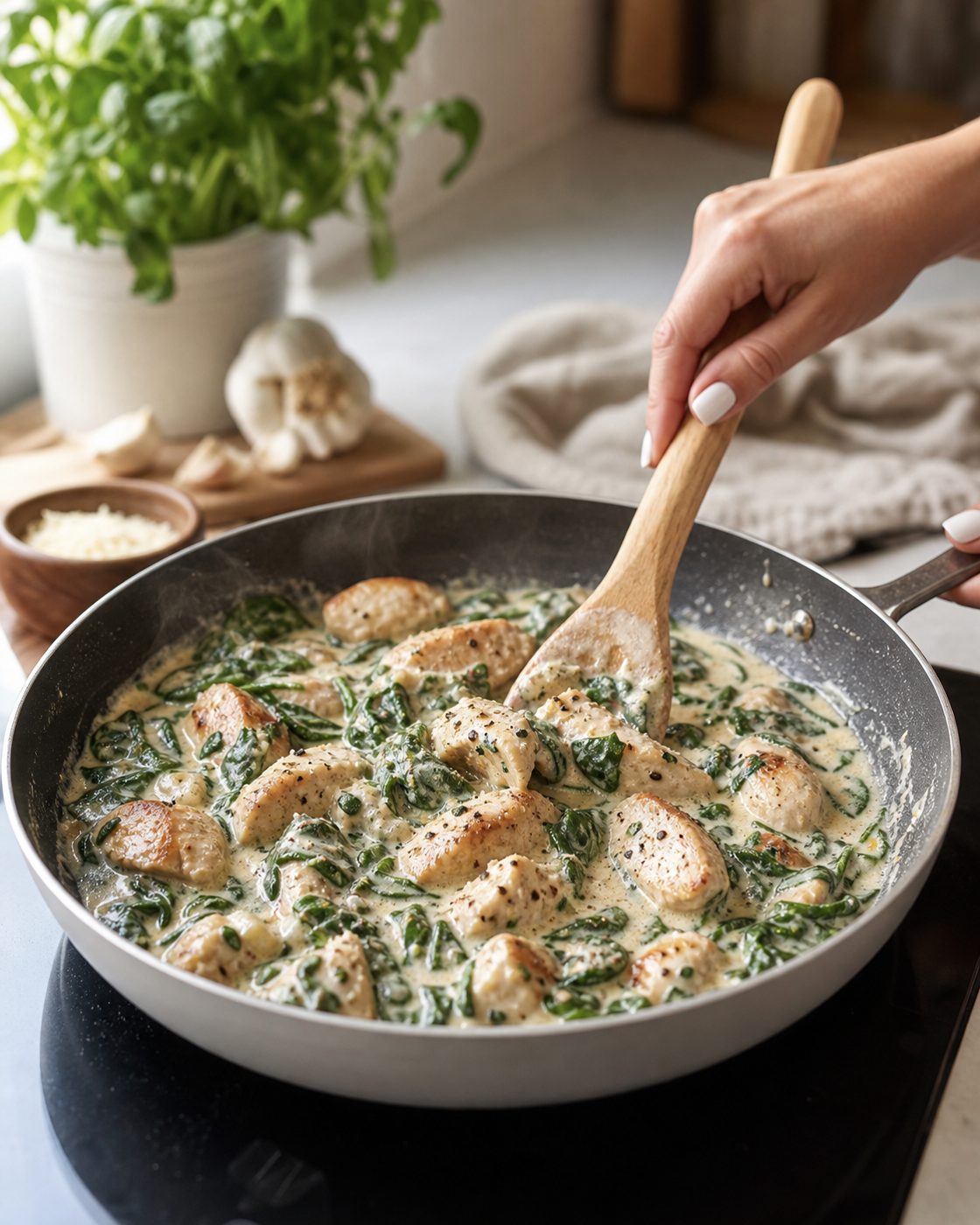 Schritt 2: Dann kommen Knoblauch, Sahne und Parmesan dazu, und zum Schluss fällt der Spinat in der Sauce zusammen.