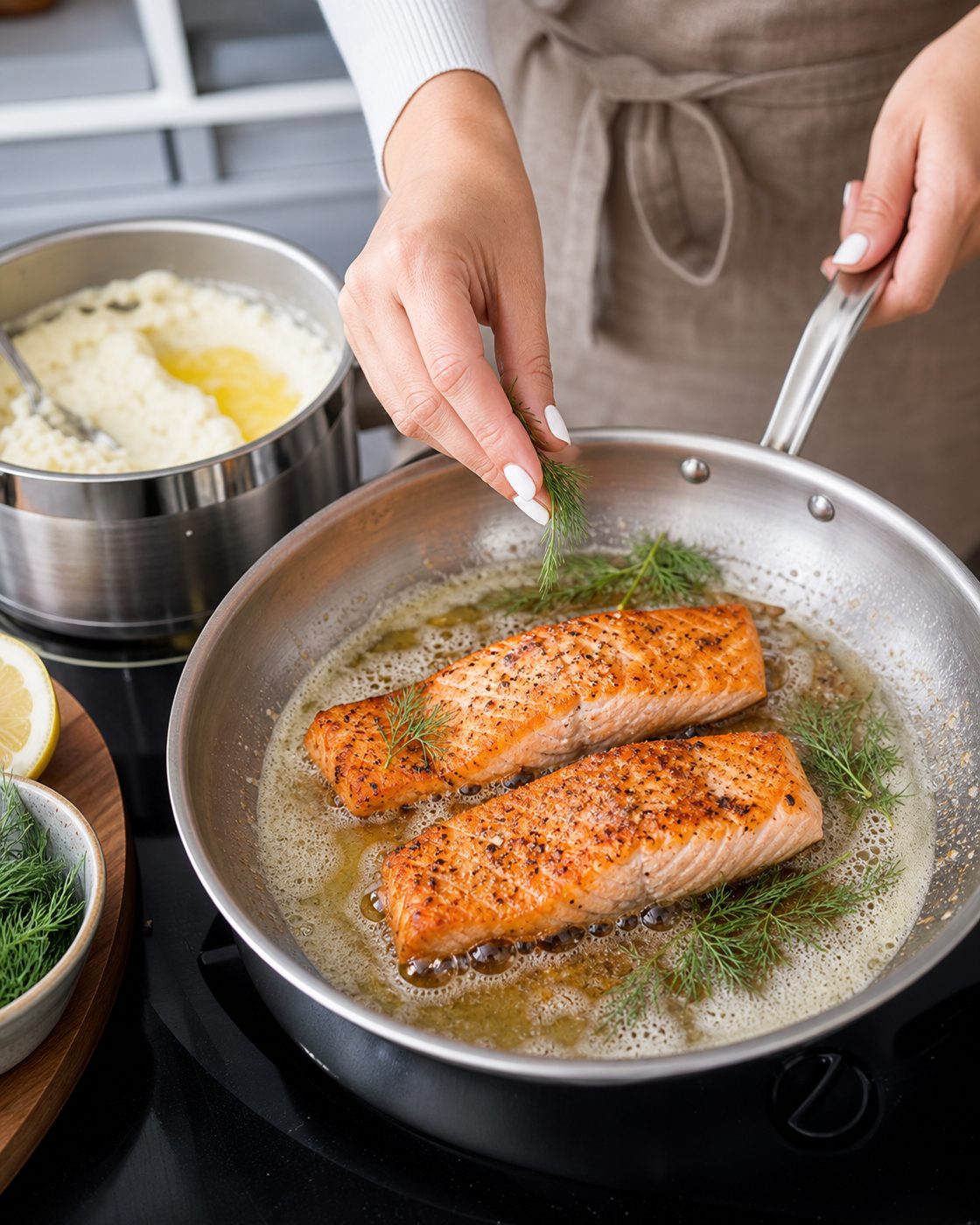 Schritt 2: Die gewürzten Lachsfilets in der restlichen Butter von beiden Seiten braten.