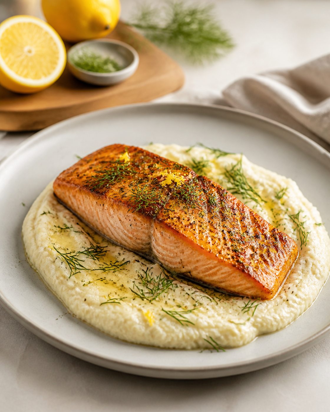 Butterlachs auf Blumenkohlpüree