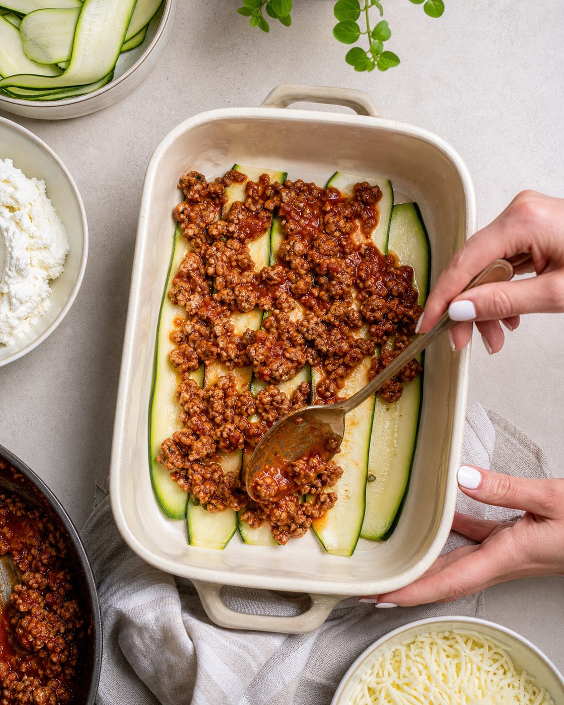 Schritt 1: Die Zucchini längs in dünne Scheiben schneiden und mit Küchenpapier trocken tupfen.