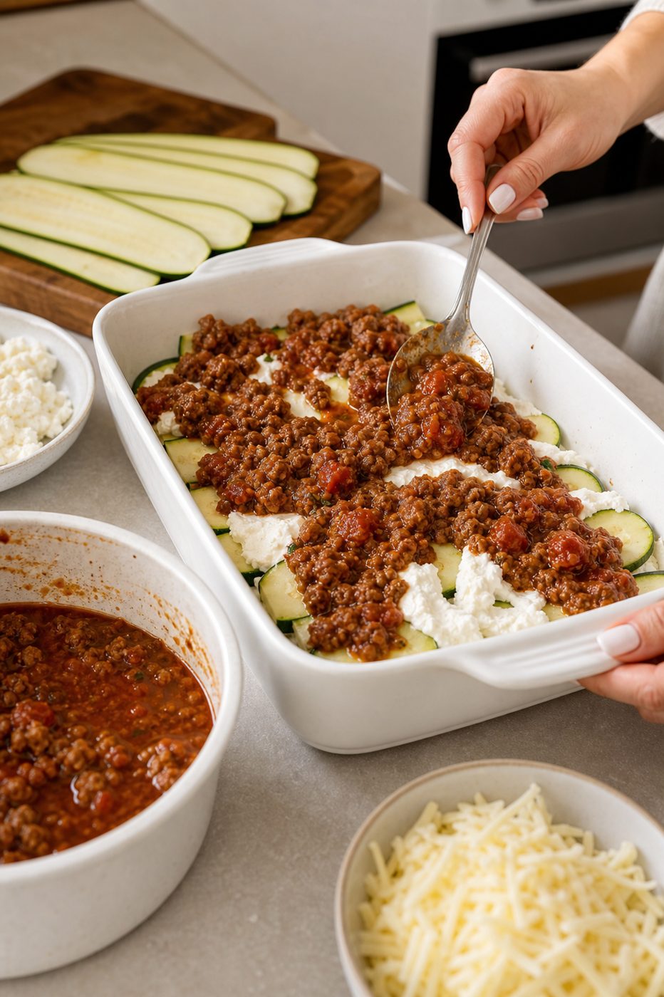 Schritt 2: Zucchini, Hacksoße und Ricotta abwechselnd in die Form schichten und mit Mozzarella bedecken.