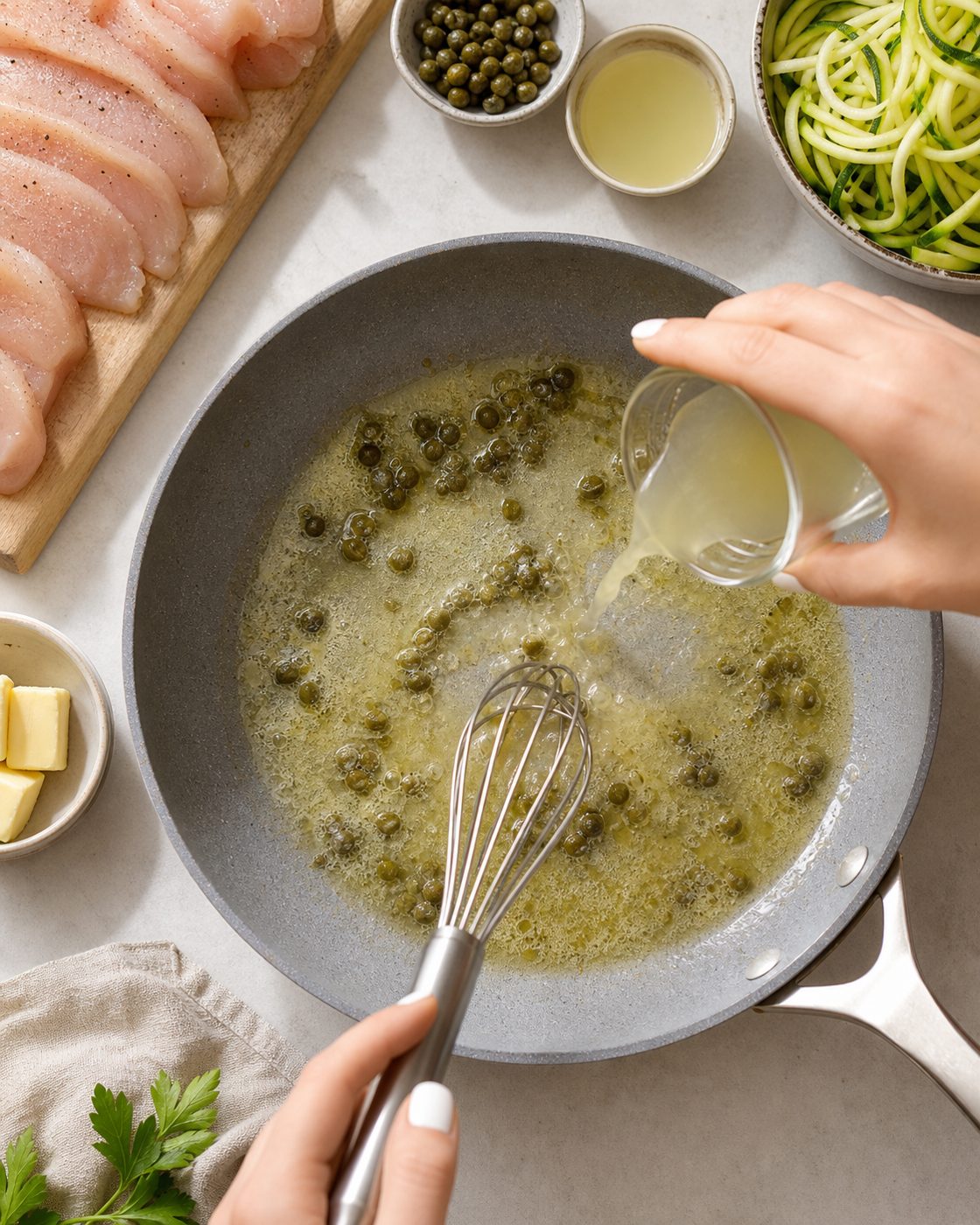Schritt 1: Die dünn geschnittene Hähnchenbrust gewürzt in der Hälfte der Butter goldbraun braten.