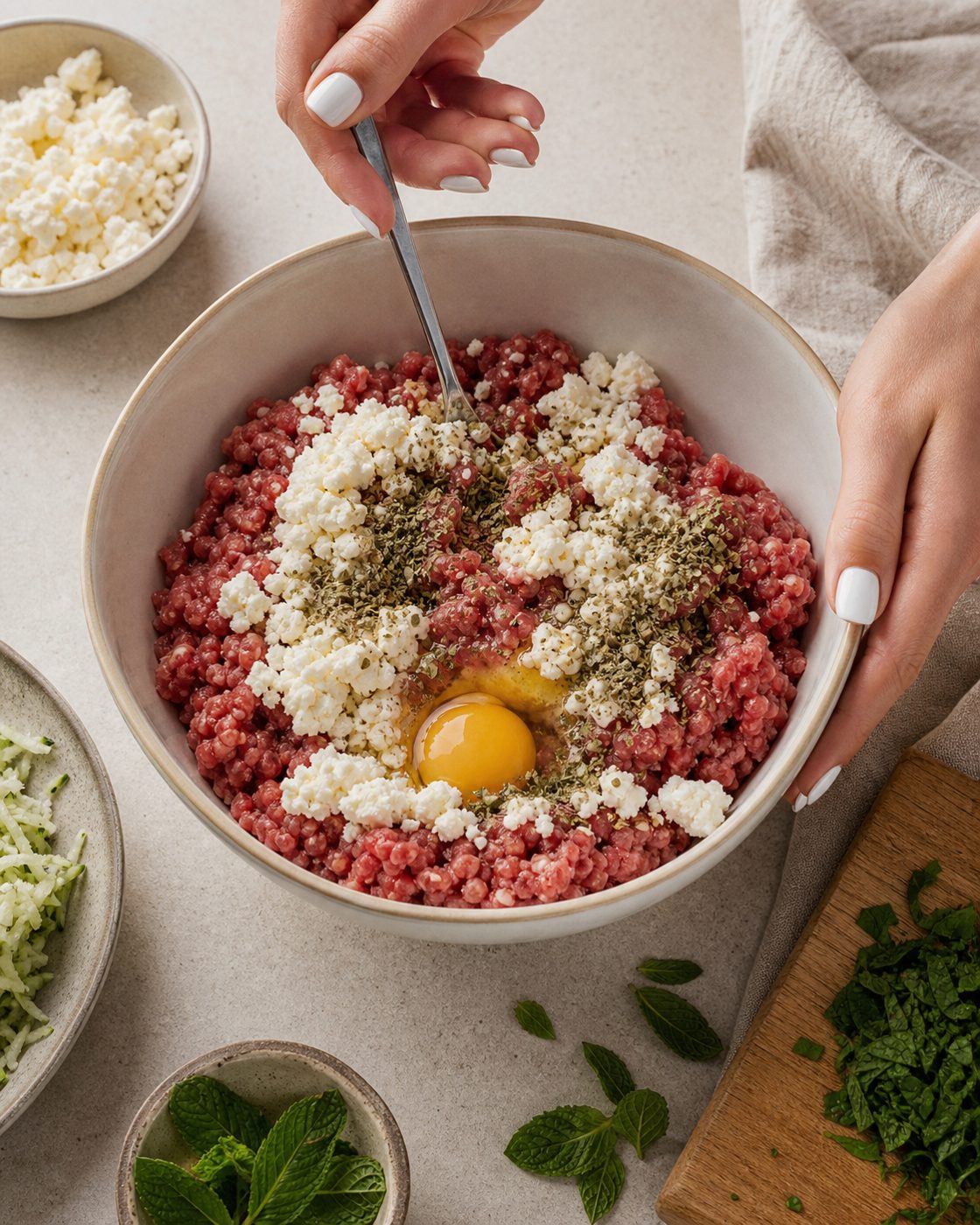 Schritt 1: Rinderhack mit Ei, Oregano und zerbröseltem Feta mischen und gleichmäßige Bällchen formen.