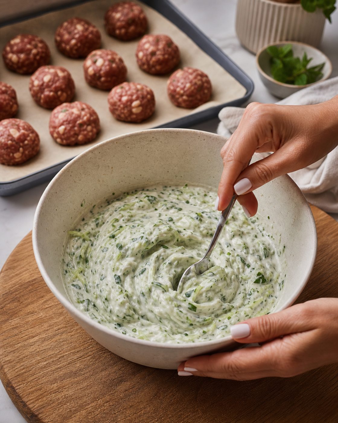 Schritt 2: Joghurt mit geraspelter, gut ausgedrückter Gurke und Minze zur Kräutercreme verrühren.