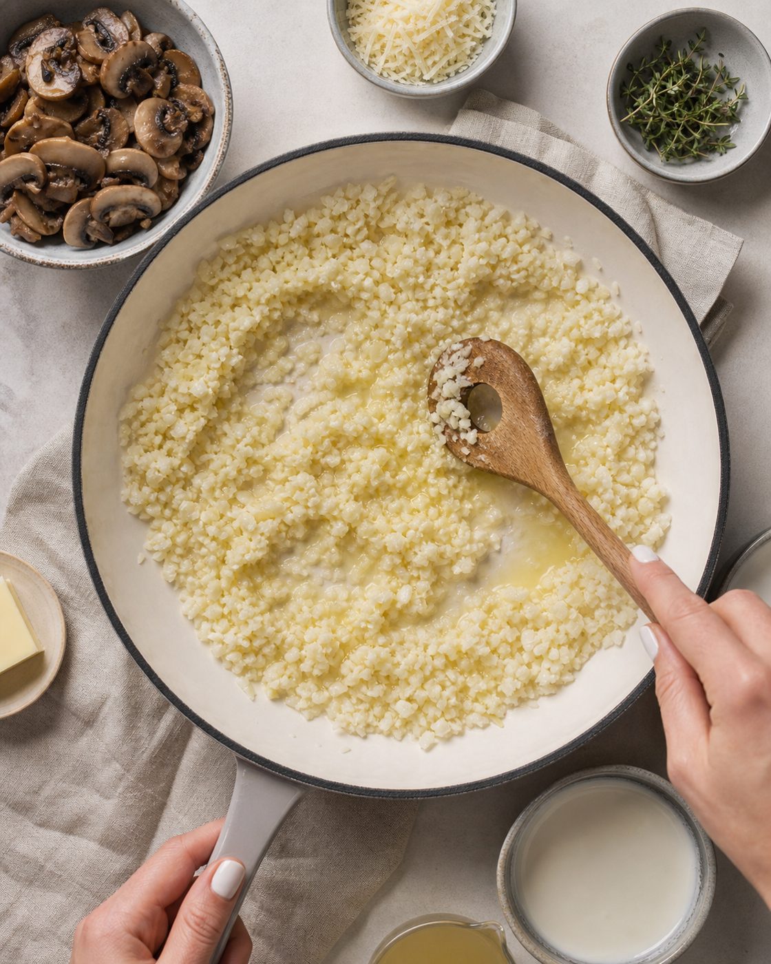 Schritt 1: Die Pilze in einem Esslöffel Butter kräftig anbraten und wieder herausnehmen.