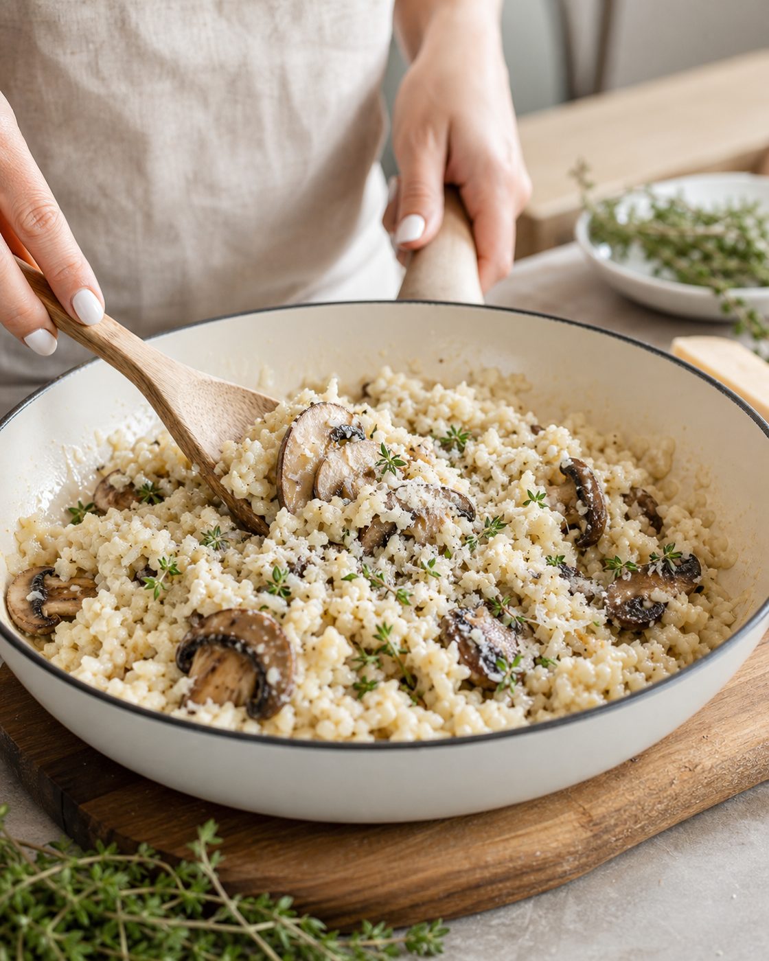 Schritt 2: Den Blumenkohlreis mit Brühe und Sahne bissfest köcheln und Parmesan unterziehen.