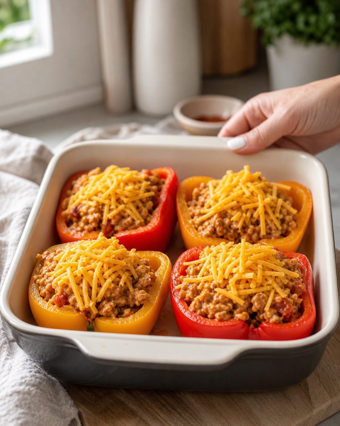 Schritt 2: Die Hälften mit der Hackfüllung befüllen und mit Cheddar bestreuen.