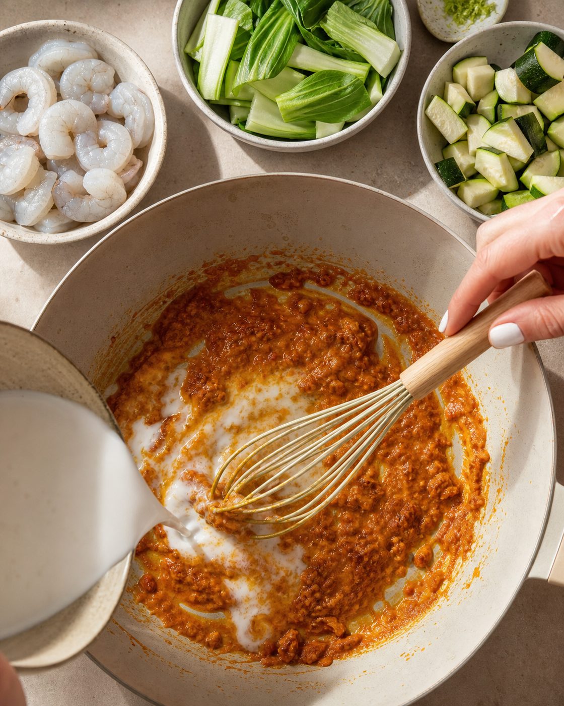 Schritt 1: Die Currypaste im Kokosöl kurz anrösten und mit Kokosmilch aufgießen.