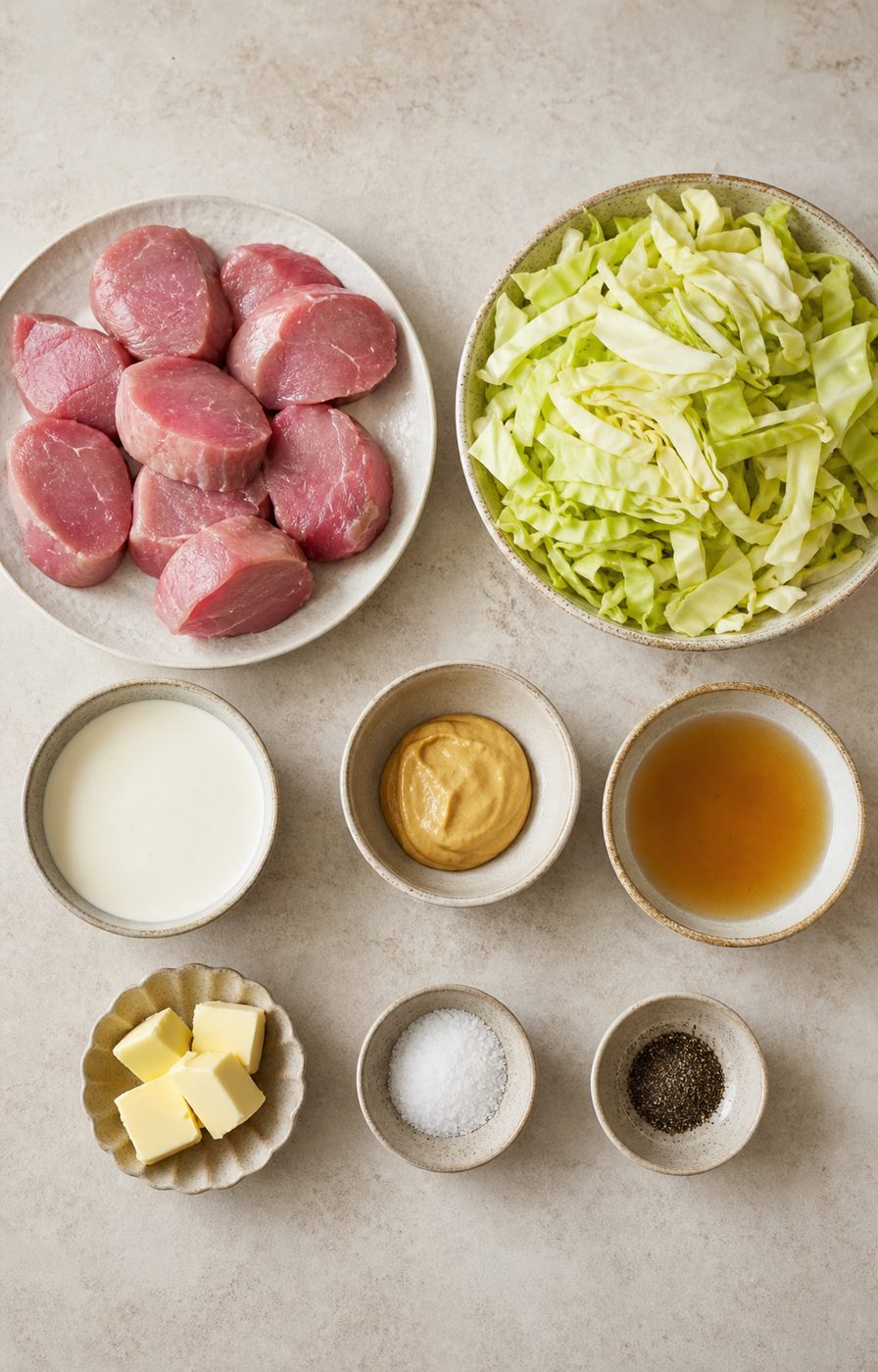 Zutaten für Schweinefilet in Senf-Rahm mit Spitzkohl