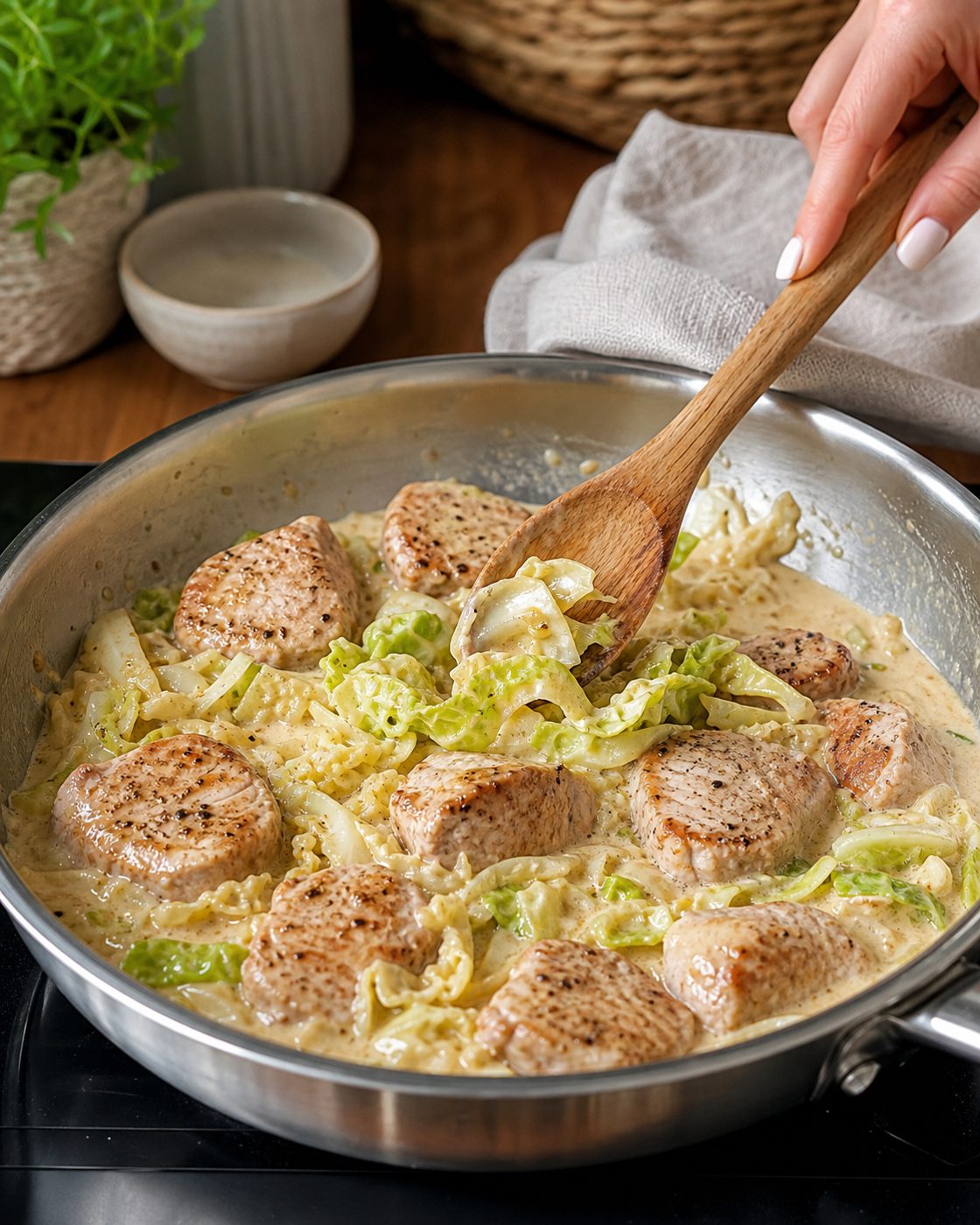 Schritt 2: Den Spitzkohl im Bratensatz anbraten und mit Brühe, Sahne und Senf zur Soße einkochen.