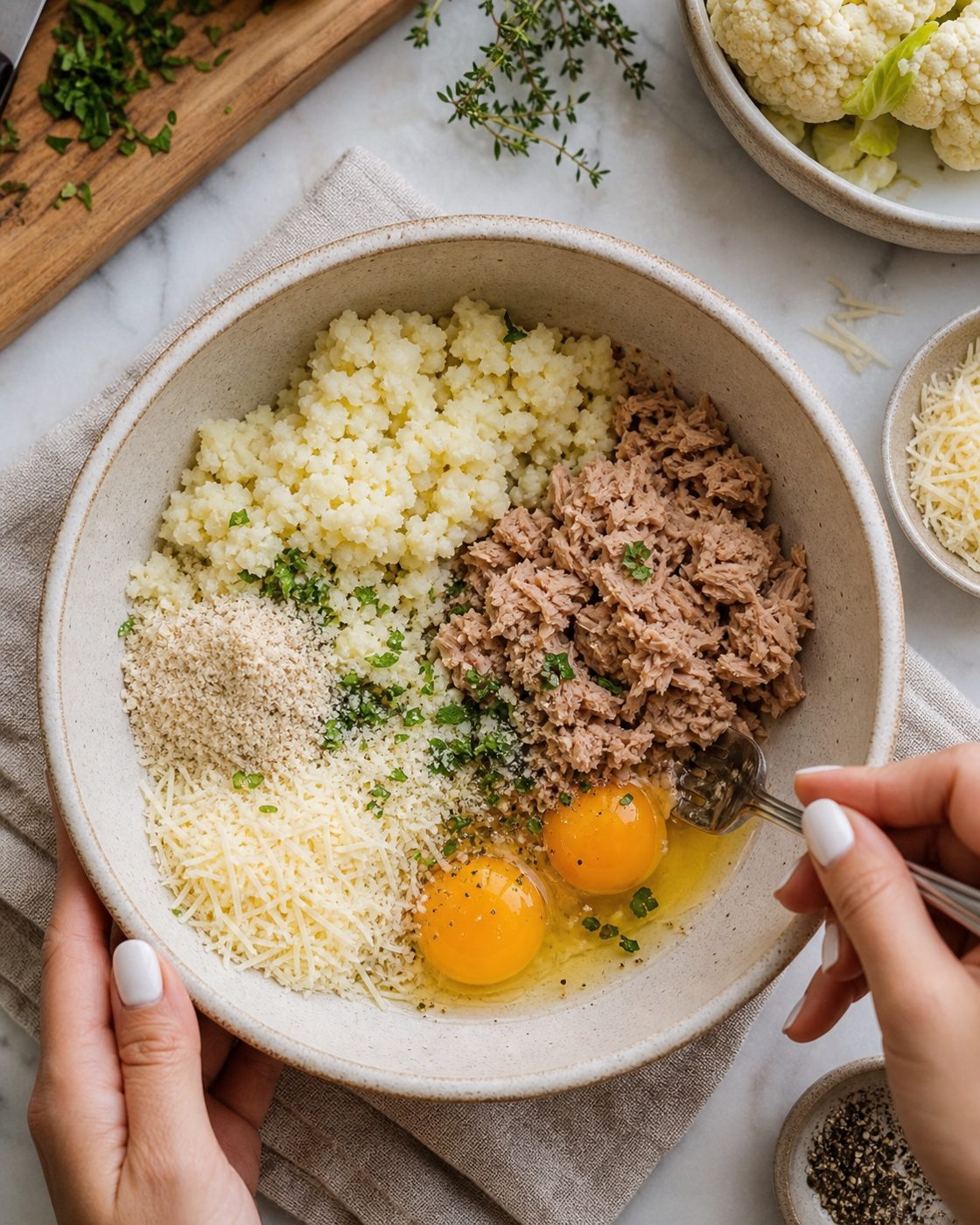 Schritt 1: Blumenkohl, Thunfisch, Eier, Parmesan, Flohsamenschalen und Kräuter zu einer formbaren Masse mischen.