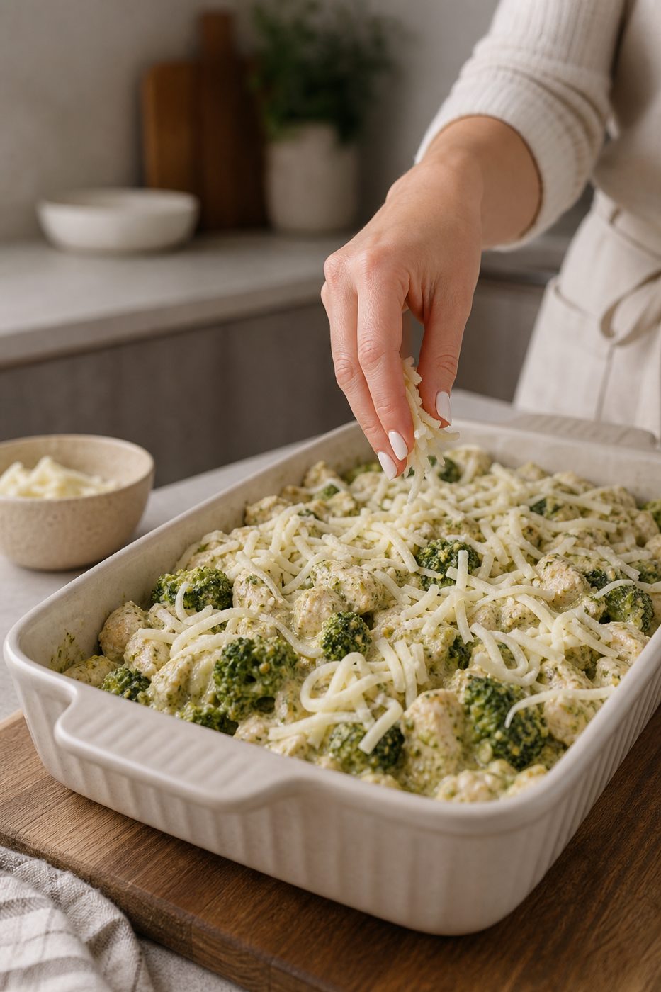 Schritt 2: Hähnchen, Brokkoli, Pesto und Sahne in der Form mischen und mit Mozzarella bedecken.