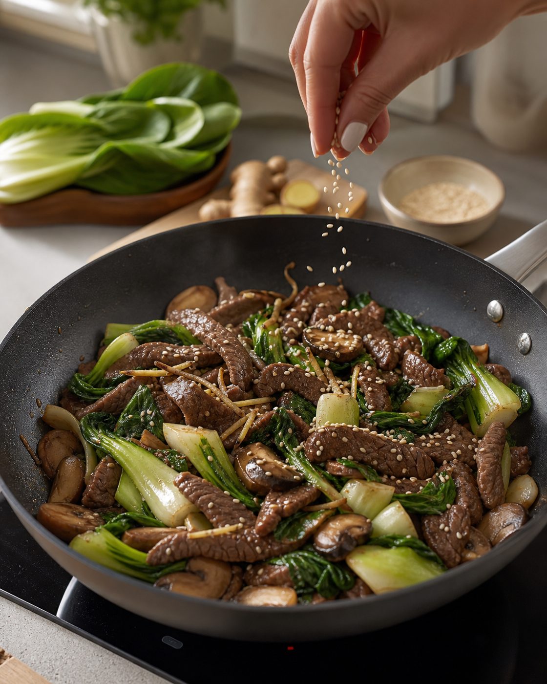 Schritt 2: Pilze, Pak Choi und Ingwer anbraten, Fleisch und Tamari zugeben und mit Sesam bestreuen.