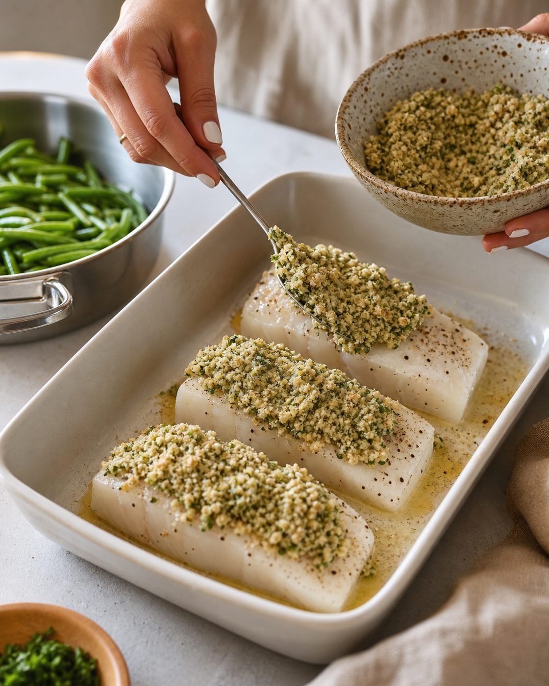 Schritt 2: Den Fisch bei 190 °C goldbraun backen und mit den in Butter geschwenkten grünen Bohnen servieren.