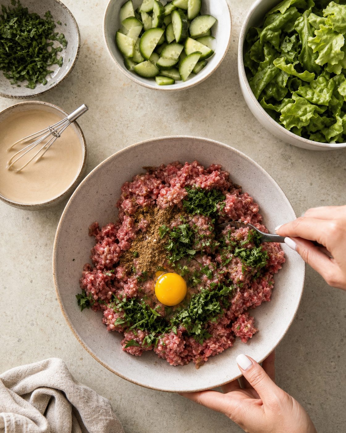 Schritt 1: Lammhack mit Ei, Kreuzkümmel und Petersilie mischen und zu länglichen Kofta formen.