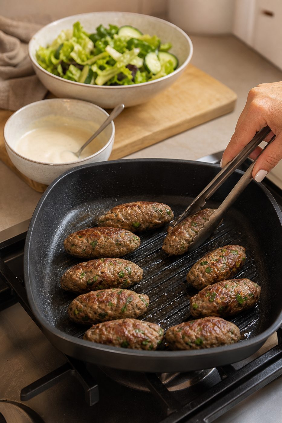 Schritt 2: Die Kofta rundum braten und mit Tahini-Dressing, Gurke und Blattsalat anrichten.