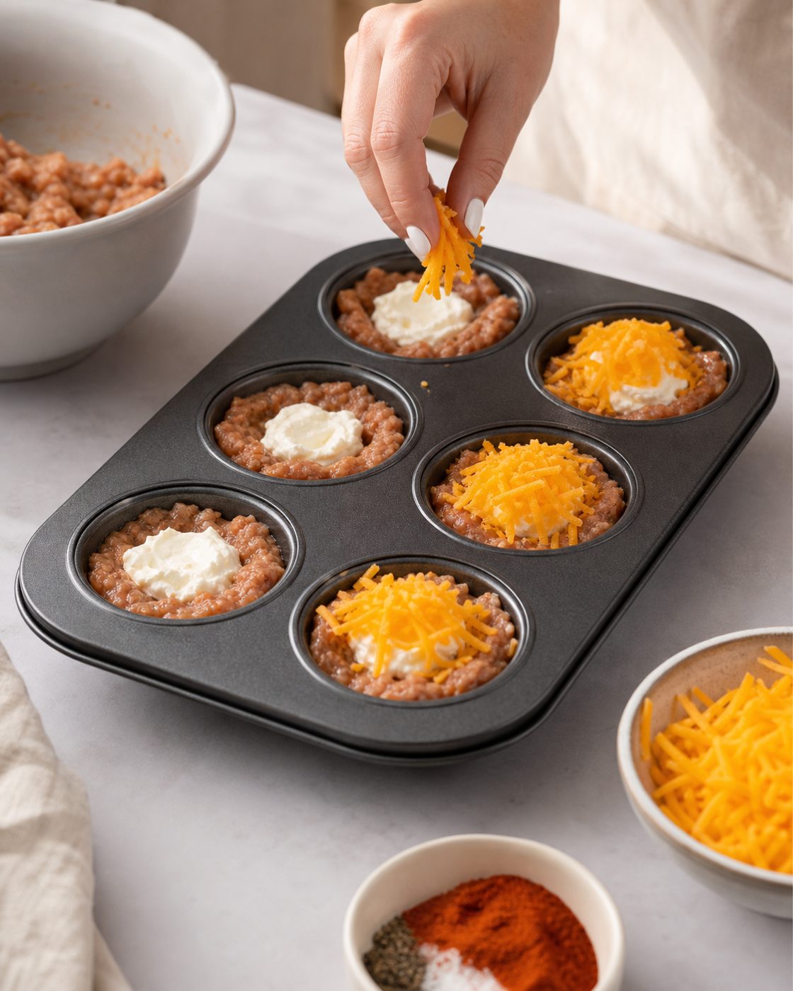 Schritt 2: Die Masse in die Muffinmulden drücken, Frischkäse mittig einsetzen und mit Cheddar bestreut backen.