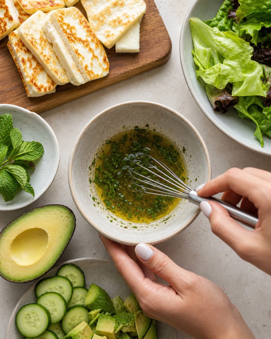 Schritt 1: Den Halloumi in Scheiben schneiden und ohne zusätzliches Fett goldbraun braten.