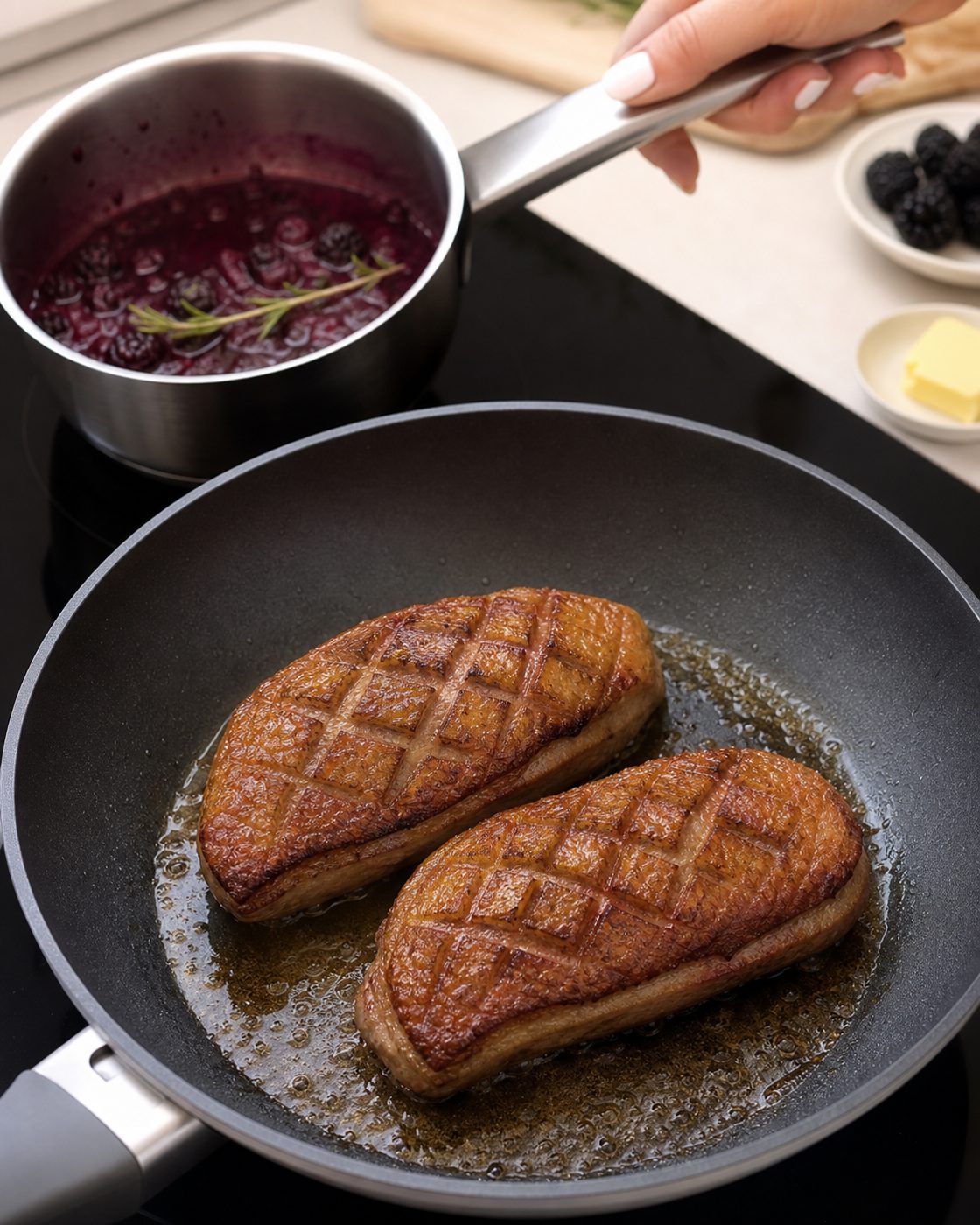 Schritt 2: Brombeeren mit Brühe und Rosmarin einkochen, zerdrücken und die Butter einrühren.