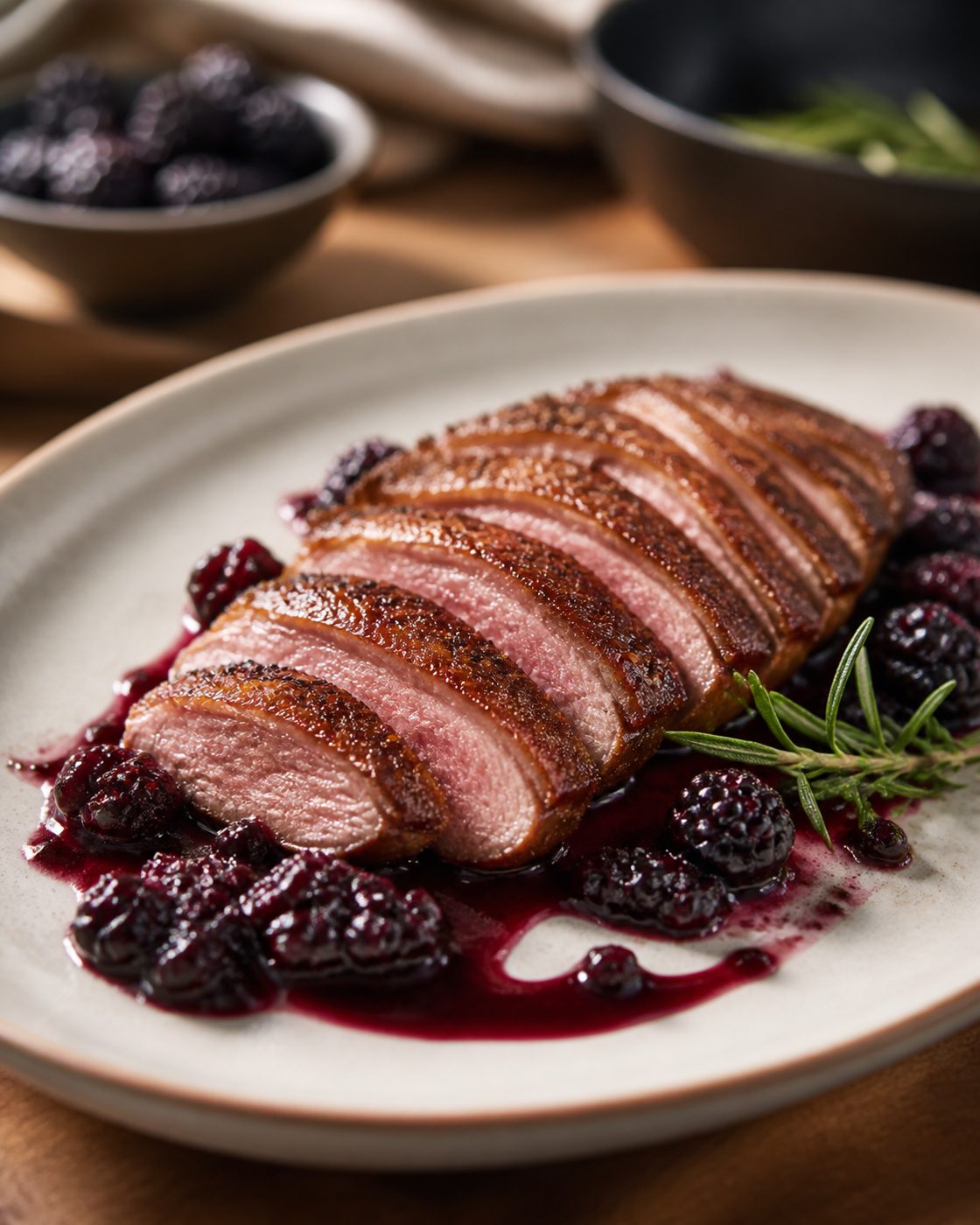 Entenbrust mit Rosmarin-Brombeer-Sauce