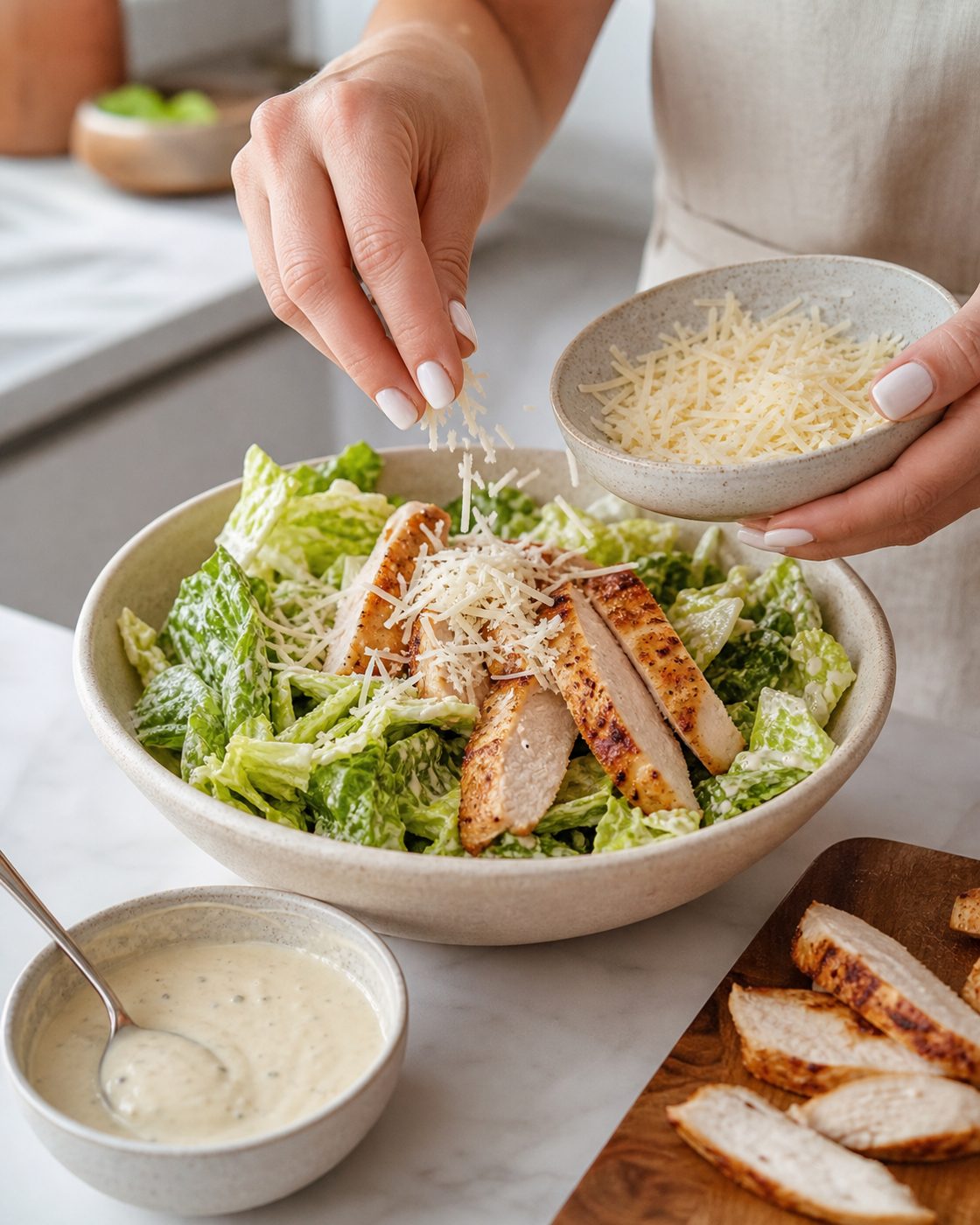 Schritt 2: Den Salat mit dem Dressing mischen und mit Hähnchen und Parmesan anrichten.