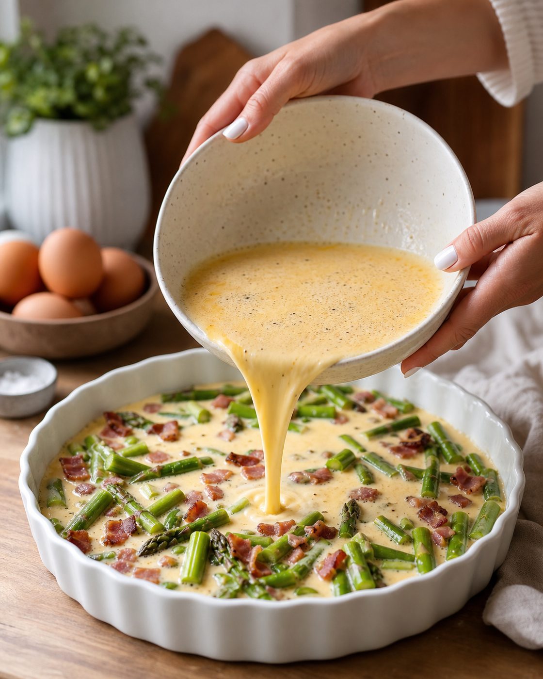 Schritt 2: Die Eier-Sahne-Masse darübergießen, mit Gruyère bestreuen und im Ofen backen.