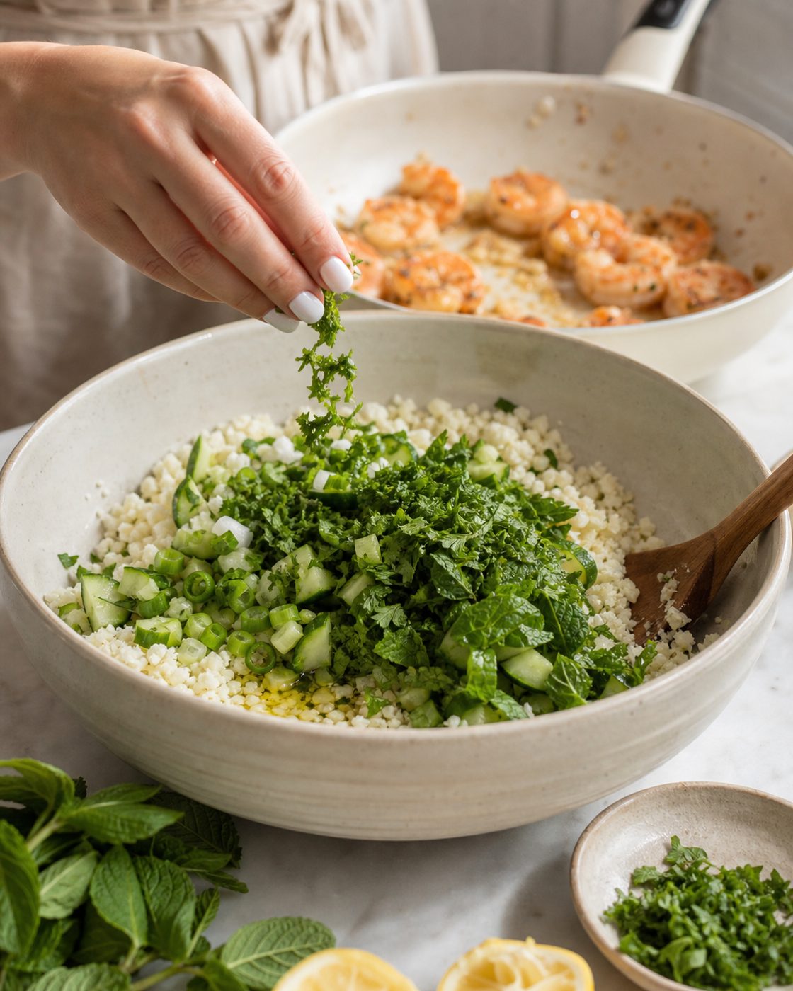 Schritt 2: Die Garnelen braten mit Knoblauch an und kommen zum Schluss auf den Salat.