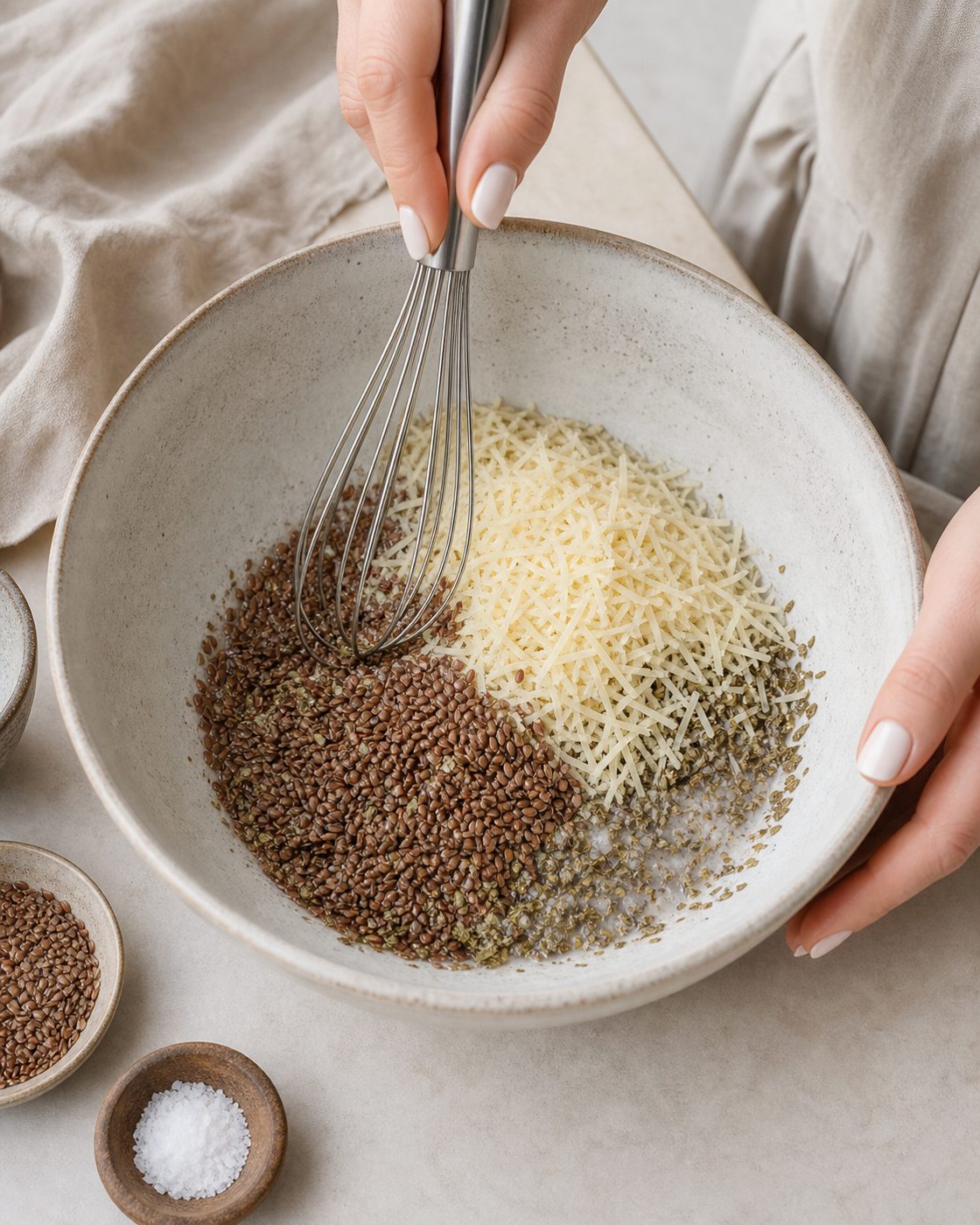 Schritt 1: Leinsamen, Parmesan, Wasser und Gewürze werden verrührt und quellen zehn Minuten.