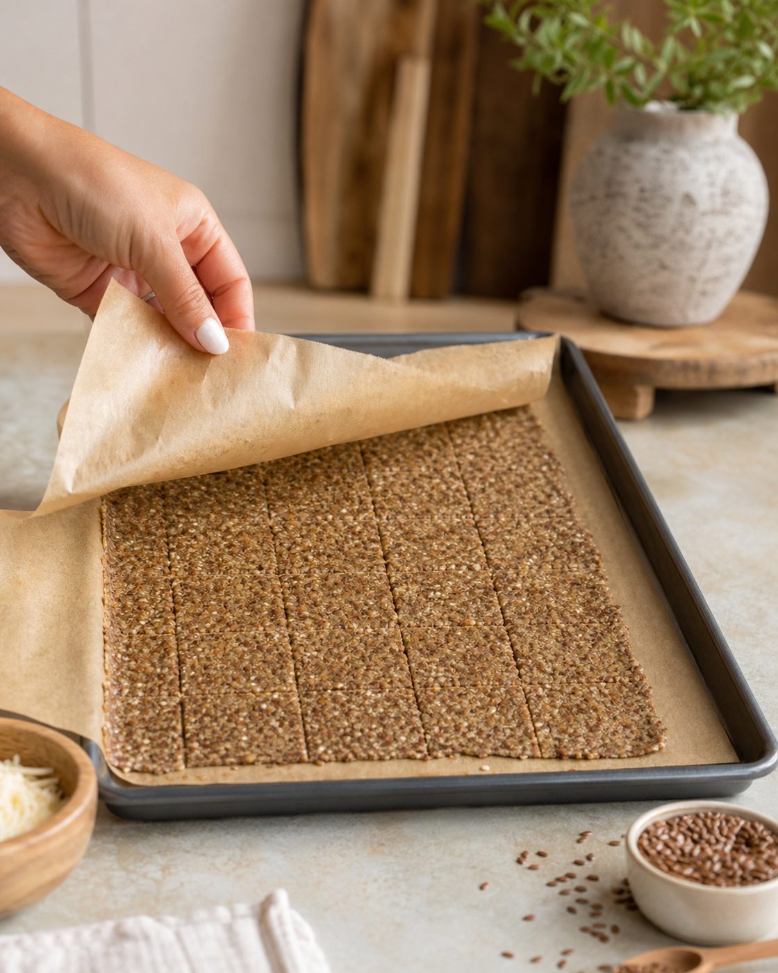 Schritt 2: Der Teig wird dünn zwischen zwei Bögen Backpapier ausgerollt und vorgeschnitten.